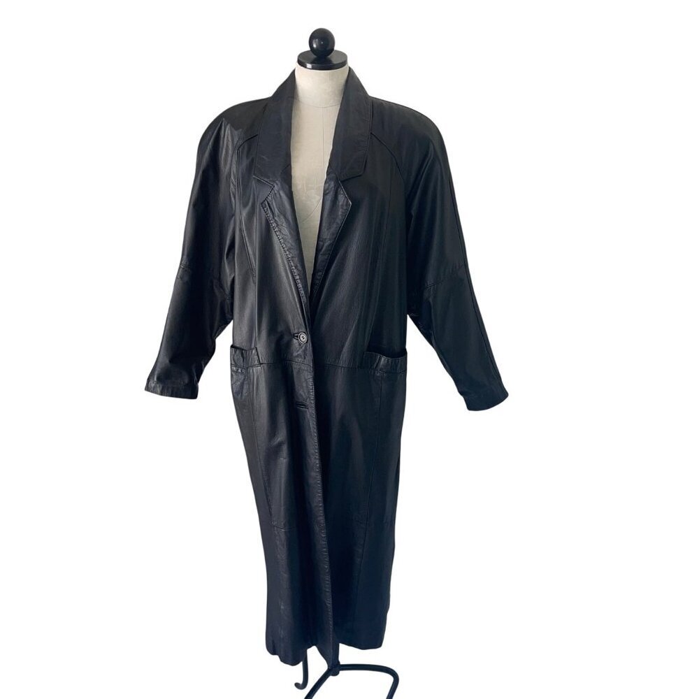 Pelle Vintage Womens Coat Size Medium Black Leather Trench Casual New York - Picture 2 of 16
